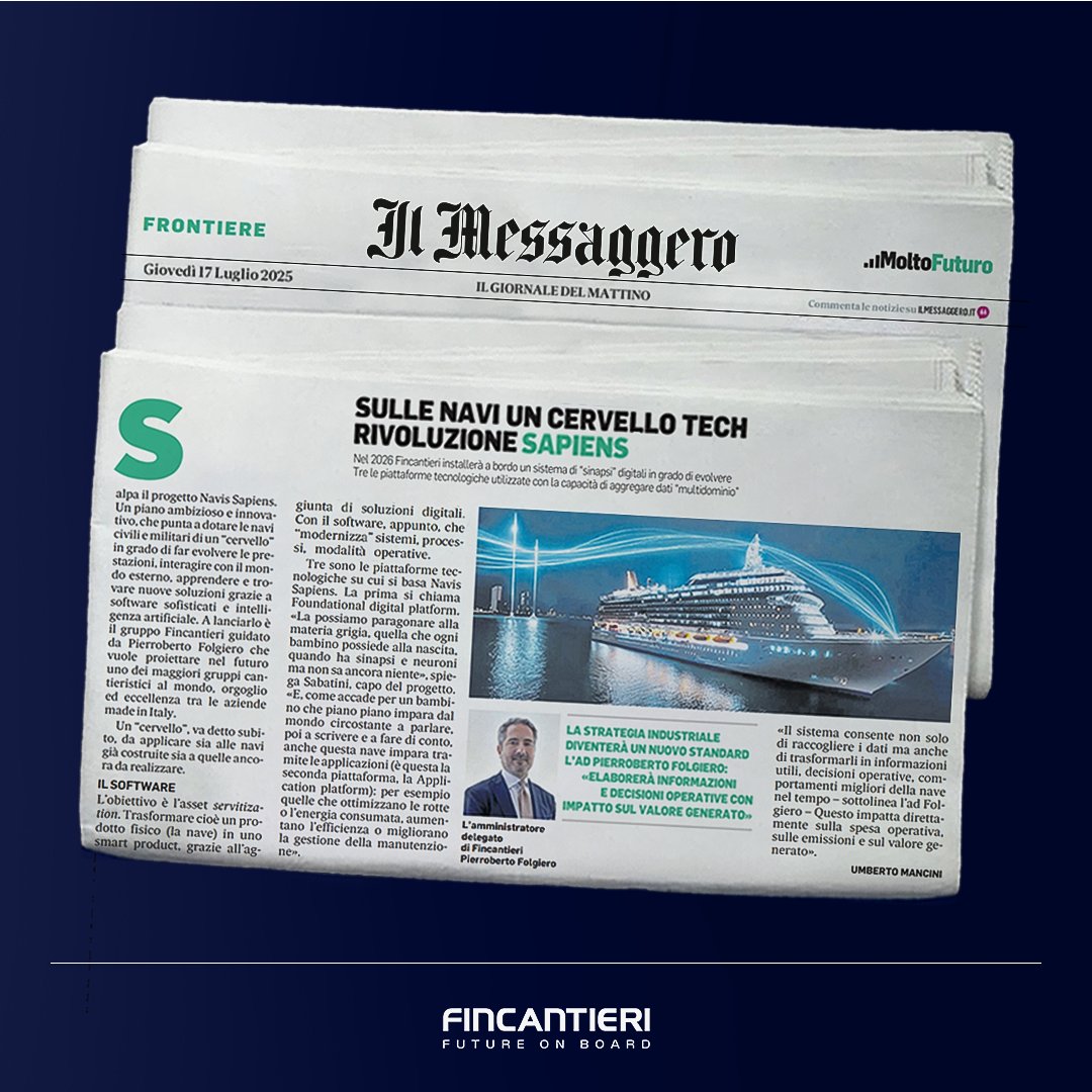 Fincantieri's tweet image. Il rapido avanzamento dell’innovazione tecnologica offre una vasta gamma di opportunità, e adattarsi a questa rapidità di cambiamento è fondamentale per sviluppare sistemi all'avanguardia ed efficienti. Da questa necessità nasce Navis Sapiens, un sistema innovativo che punta a…