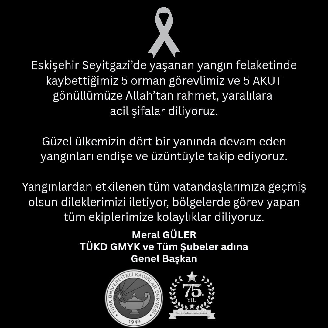 Eskişehir’de çıkan orman yangınına müdahale sırasında hayatını kaybeden 5 orman işçimiz ile 5 AKUT gönüllümüzü ve Malatya’da askeri aracın devrilmesi sonucu şehit olan askerimizi rahmetle anıyoruz. Şehitlerimize rahmet, ailelerine ve yakınlarına başsağlığı diliyoruz. #TÜKD