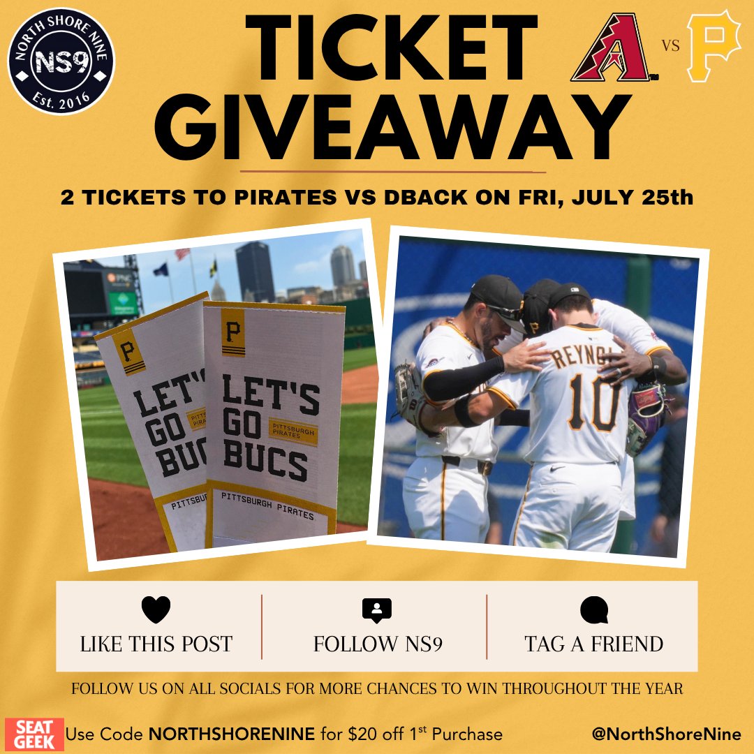 ๐๐๐ (@northshorenine) on Twitter photo Weโre giving away 2 BallPark Passes to see the Pirates take on the Diamondbacks at PNC Park Friday, July 25th!
Hereโs how to enter:
1. Retweet this post
2. Follow <a href="/NorthShoreNine/">๐๐๐</a>
3. Tag a friend
Winner will be announced tonight at 9 PM.
More giveaways coming all season long โ Weโre giving away 2 BallPark Passes to see the Pirates take on the Diamondbacks at PNC Park Friday, July 25th!
Hereโs how to enter:
1. Retweet this post
2. Follow <a href="/NorthShoreNine/">๐๐๐</a>
3. Tag a friend
Winner will be announced tonight at 9 PM.
More giveaways coming all season long โ