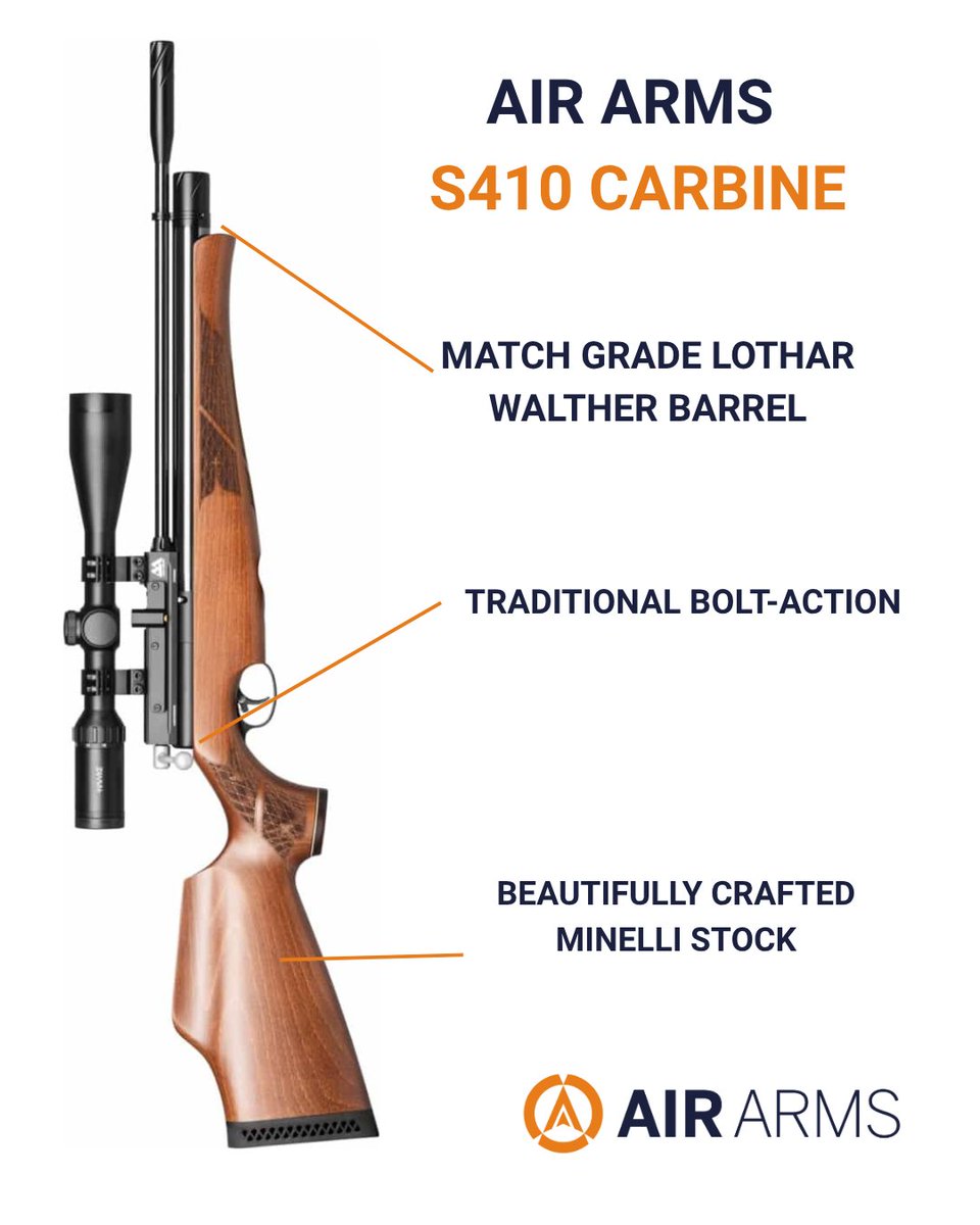 Air Arms S410 Carbine – A true classic that needs no introduction.
This pre-charged pneumatic (PCP) sporter has earned its reputation as one of the finest in its class — and for good reason.

✔️ Precision engineering
 ✔️ Timeless design
 ✔️ Trusted by airgun hunters worldwide