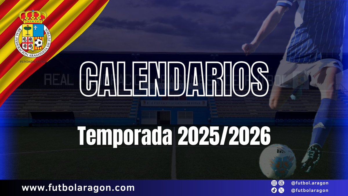 🚨 𝗢𝗙𝗜𝗖𝗜𝗔𝗟 | Disponibles los calendarios oficiales de la temporada 2025/26 de las siguientes competiciones:

- Juvenil Preferente, Grupo 1
- División de Honor Cadete
- División de Honor Infantil
- Alevín Preferente
- Benjamín Preferente

ℹ️+Info: futbolaragon.com