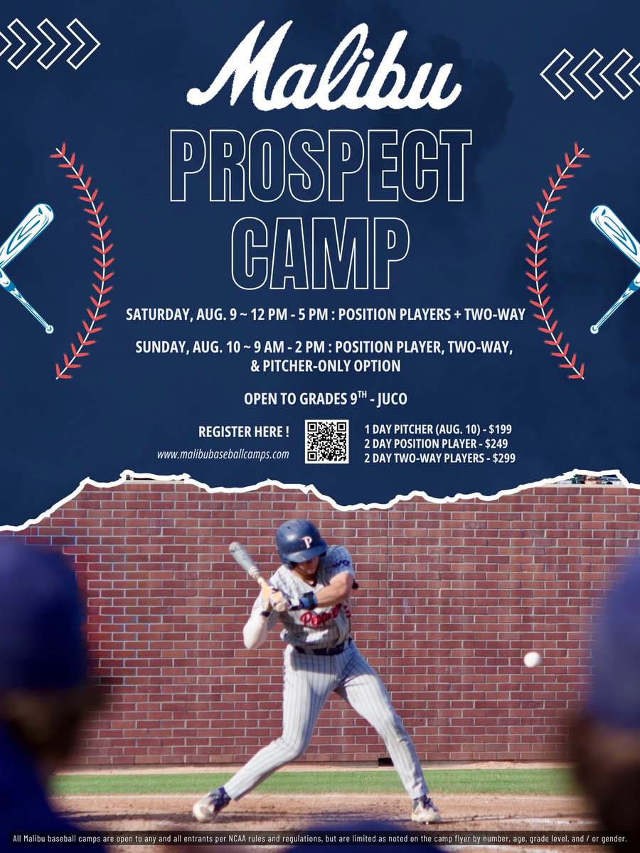 Still a few spots left for our 2-day, End of the Summer Prospect Camp. Make it a Weekend Vacation to Malibu for your parents while you’re here to play some baseball. Register here malibubaseballcamps.com

#MakingWaves