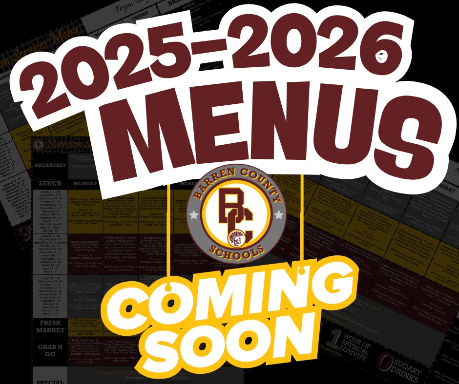 🎉 Get ready, Barren County! 🎒🥪

The 2025–2026 school menus are heating up and COMING SOON! From fresh favorites to new picks, we’re serving up something special this school year!

🍽️ Stay tuned and check back here 👉 t.ly/-ghDR 👈 for the official drop!

#WeareBC