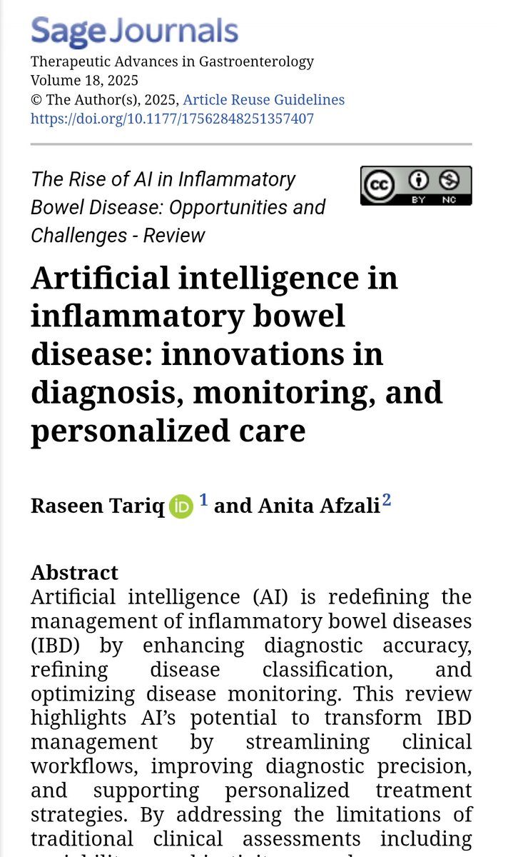 Anita Afzali MD, MPH, MHCM, FACG, AGAF (@ibd_afzali) on Twitter photo 🚨 Pub Alert <a href="/tariqraseen/">Raseen Tariq, MD, MS</a> Congrats on a thorough review on #AI impact & opportunities in field of #IBD
Let's go! 🥊 Take a read and share your thoughts with us 👇👇👇👇
🙌 <a href="/TAGastroenterol/">Therapeutic Advances in Gastroenterology</a>
Guest Editor: <a href="/NasimParsaMD/">Nasim Parsa, M.D.</a> 🚨 Pub Alert <a href="/tariqraseen/">Raseen Tariq, MD, MS</a> Congrats on a thorough review on #AI impact & opportunities in field of #IBD
Let's go! 🥊 Take a read and share your thoughts with us 👇👇👇👇
🙌 <a href="/TAGastroenterol/">Therapeutic Advances in Gastroenterology</a>
Guest Editor: <a href="/NasimParsaMD/">Nasim Parsa, M.D.</a>