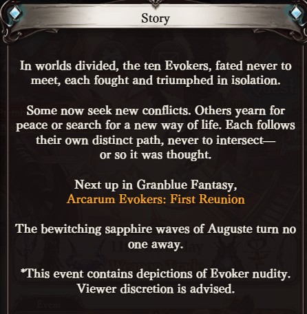 granblue_en's tweet image. While we were sleeping: the first preview for Arcarum Evokers: First Reunion, the next story event!
The event will feature all ten Evokers in Auguste, meeting again for the very first time...