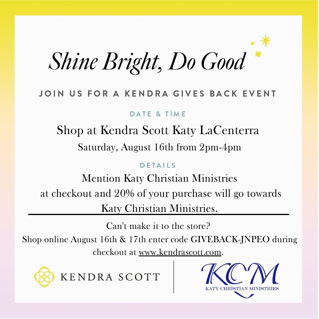 🌟 Shine Bright, Do Good 🌟
Join us for a Kendra Gives Back event benefiting Katy Christian Ministries!
Let’s shop with purpose! 💛
#KendraScott #KatyChristianMinistries #GiveBack #ShopForACause
