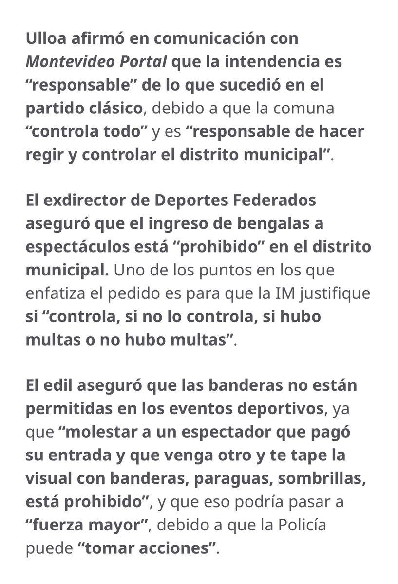 Si el problema del <a href="/Minterioruy/">Ministerio del Interior</a> en identificar los que lanzan las bengalas son las banderas y sombrillas, simplemente habría que hacer cumplir el digesto municipal existente y controlar el orden del espectáculo publico. Por esto estamos haciendo este pedido de la <a href="/montevideoIM/">Intendencia de MVD</a>