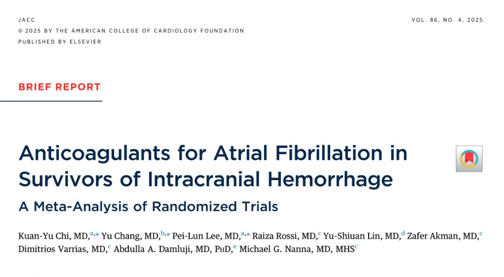 Abdulla A. Damluji, MD, PhD (@drdamluji) on Twitter photo Anticoagulants for Atrial Fibrillation in Survivors of Intracranial Hemorrhage: A Meta-Analysis of Randomized Trials: <a href="/JACCJournals/">JACC Journals</a>
π₯Έ New publication from our HeartWise research Group led by friend: <a href="/MichaelGNanna/">Michael Nanna</a> in JACC today!
π±Summary
πππ Anticoagulants for Atrial Fibrillation in Survivors of Intracranial Hemorrhage: A Meta-Analysis of Randomized Trials: <a href="/JACCJournals/">JACC Journals</a>
π₯Έ New publication from our HeartWise research Group led by friend: <a href="/MichaelGNanna/">Michael Nanna</a> in JACC today!
π±Summary
πππ