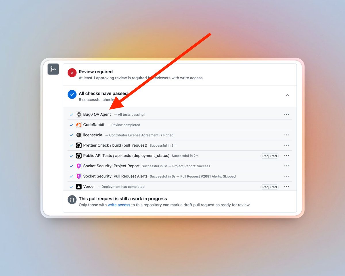 Why I'm building <a href="/bug0inc/">Bug0</a>:

Because QA should feel like this. ↓

✅ No manual regression cycles
✅ No flaky test maintenance  
✅ No QA bottlenecks blocking releases

Just "All tests passing!" in your PR checks alongside the tools you already use.

Here's how it works:
1️⃣ Your