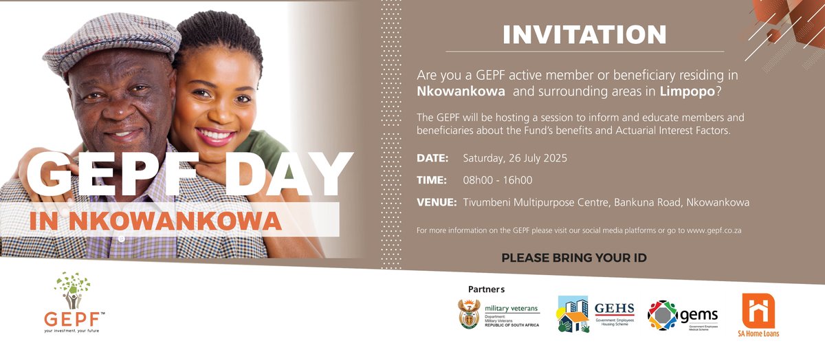 GEPF (@gepf_sa) on Twitter photo A GEPF Day will be held in Nkowankowa, Limpopo to service GEPF members, pensioners & beneficiaries. Join us on Saturday, 26 July 2025 from 8h00am at Tivumbeni Multipurpose Centre. This is part of the GEPF's member outreach programme. YourInvestmentYourFuture. A GEPF Day will be held in Nkowankowa, Limpopo to service GEPF members, pensioners & beneficiaries. Join us on Saturday, 26 July 2025 from 8h00am at Tivumbeni Multipurpose Centre. This is part of the GEPF's member outreach programme. YourInvestmentYourFuture.