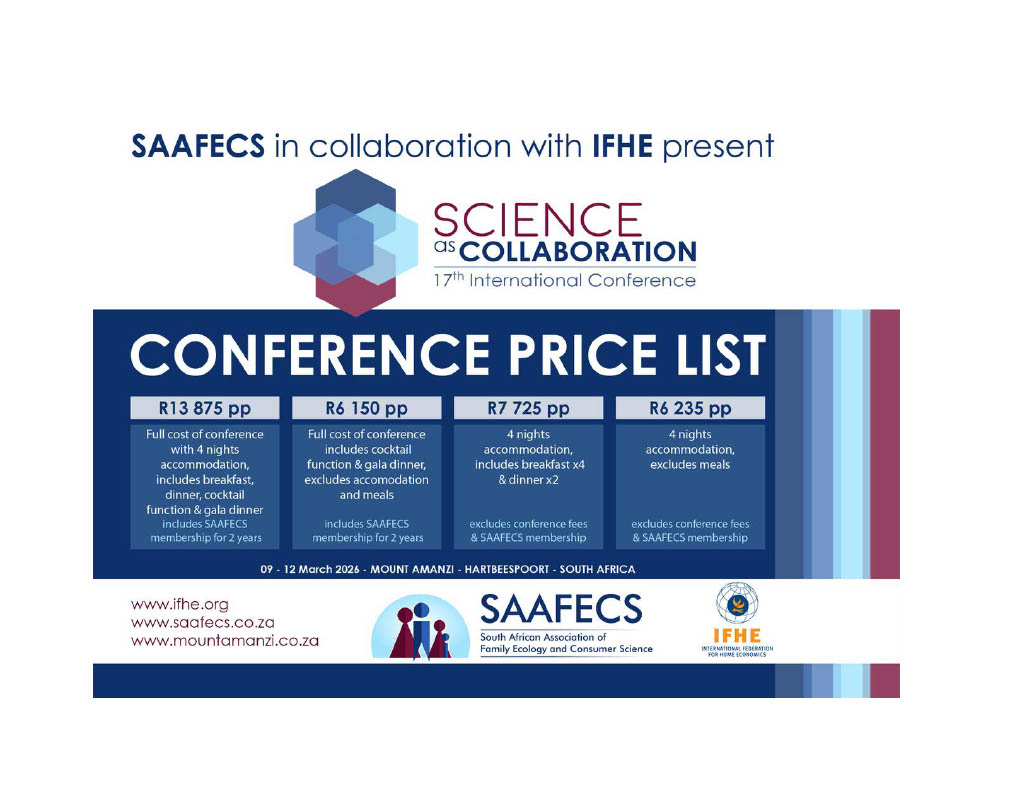 CHE Fdn - Fdn CEF (@chef_fcef) on Twitter photo The South African Association of Family Ecology and Consumer Science together with <a href="/IFHE_HomeEc/">International Federation for Home Economics</a> is currently calling for abstracts for their upcoming 17th International Conference! The deadline to submit is on 31 August 2025! Details: saafecs.co.za The South African Association of Family Ecology and Consumer Science together with <a href="/IFHE_HomeEc/">International Federation for Home Economics</a> is currently calling for abstracts for their upcoming 17th International Conference! The deadline to submit is on 31 August 2025! Details: saafecs.co.za