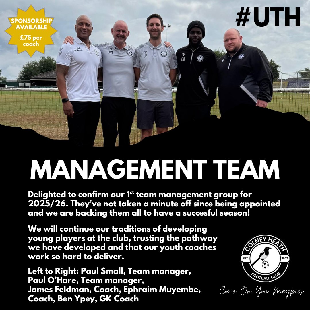 ColneyHeathFC's tweet image. 🔒⚫️⚪️ LOCKED IN ⚪️⚫️🔒
Our management team for the 2025/26 season is confirmed 👏
@paulsmall71 @captainbucky13 @jamesfeldss @Ypey88