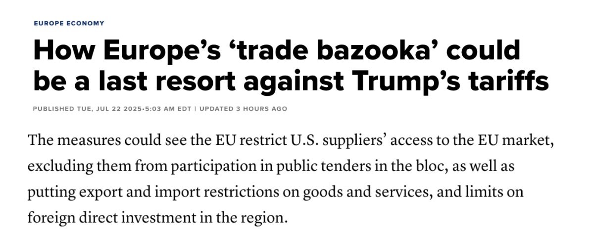 EUUSForum's tweet image. The EU just pulled out its “trade bazooka." And they're targeting it at U.S. businesses.
While Trump tries to fix our broken trade relationship, Brussels is threatening to blacklist American companies from their markets.