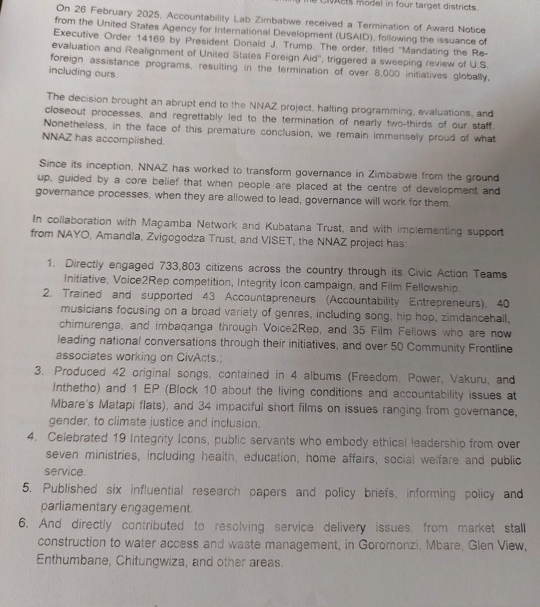 Journalism Students Network Of Zimbabwe ๐ฟ๐ผ (@jsnetzim) on Twitter photo <a href="/Makil/">Chief Lewanika</a> <a href="/AusEmbZim/">Australian Embassy, Zimbabwe</a> <a href="/NewsHawksLive/">TheNewsHawks</a> <a href="/USEmbZim/">U.S. Embassy Harare</a> <a href="/MissRee0404/">Rejoice Kambarami</a> <a href="/citezw/">CITE</a> <a href="/visetinfo/">Vendors Initiative</a> <a href="/NAYOZimbabwe/">#LeaveNoYouthBehind</a> <a href="/MagambaNetwork/">#15YearsOfMagamba</a> NNAZ Chief of Party <a href="/lewanik/">levani kiria</a> narrates the aftermath of Executive Order 14169 by President Donald J. Trump titled "Mandating the Re-evaluation and Realignment of United States Foreign Aid". He further highlights how NNAZ has worked to transform governance in Zimbabwe. #NAZLegacy <a href="/Makil/">Chief Lewanika</a> <a href="/AusEmbZim/">Australian Embassy, Zimbabwe</a> <a href="/NewsHawksLive/">TheNewsHawks</a> <a href="/USEmbZim/">U.S. Embassy Harare</a> <a href="/MissRee0404/">Rejoice Kambarami</a> <a href="/citezw/">CITE</a> <a href="/visetinfo/">Vendors Initiative</a> <a href="/NAYOZimbabwe/">#LeaveNoYouthBehind</a> <a href="/MagambaNetwork/">#15YearsOfMagamba</a> NNAZ Chief of Party <a href="/lewanik/">levani kiria</a> narrates the aftermath of Executive Order 14169 by President Donald J. Trump titled "Mandating the Re-evaluation and Realignment of United States Foreign Aid". He further highlights how NNAZ has worked to transform governance in Zimbabwe. #NAZLegacy