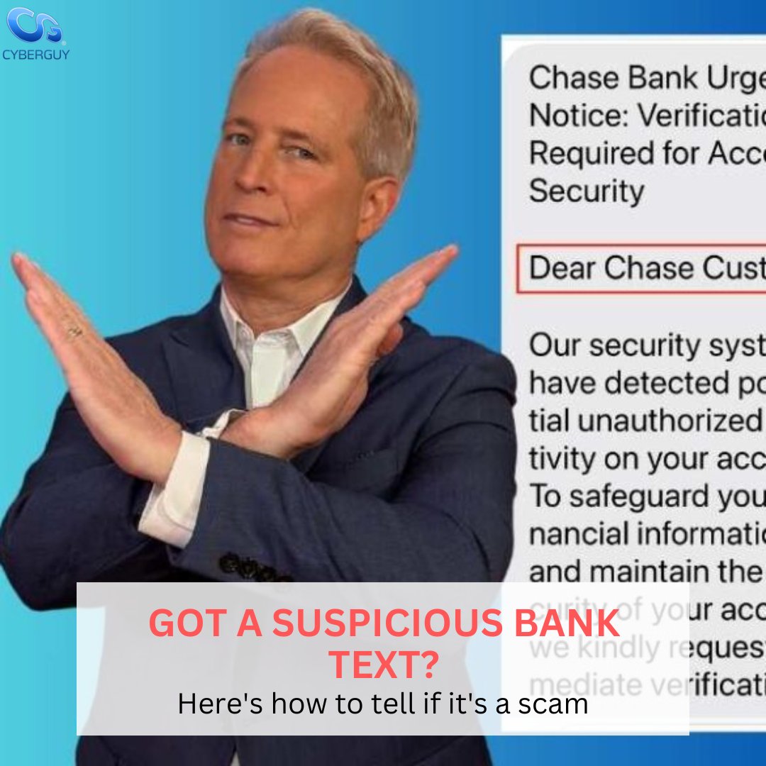 cyberguy's tweet image. Think that bank text looks fishy? Here’s how to tell if it’s a scam and what to do to keep your info safe 💳📲
Learn more here: cyberguy.com/scams/suspicio…
#CyberGuy #BankScam #PhishingAlert #ChaseText #FraudPrevention #ScamProtection #TechTips #OnlineSecurity