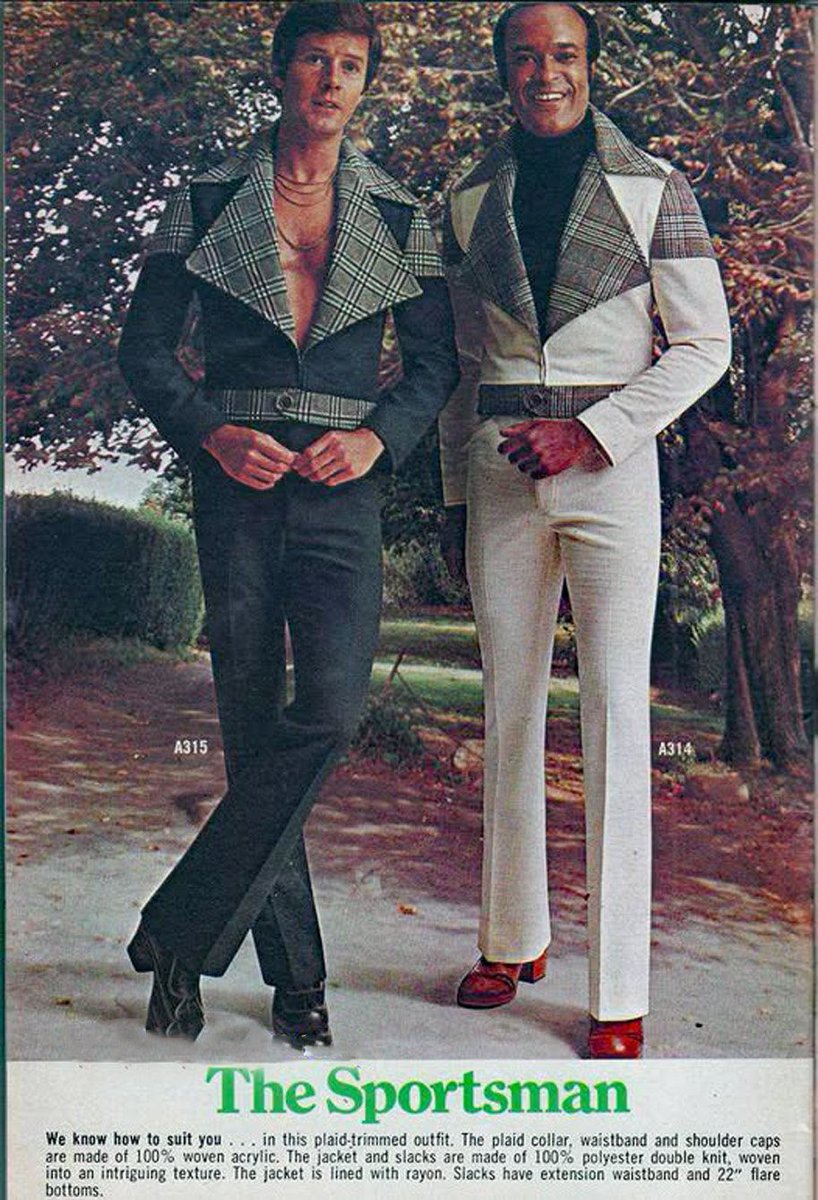 soulrideblog's tweet image. The Sportsman
Jacket & slacks 100% polyester double knit
Slacks have extension waistband and 22" flare bottoms
We know how to suit you ✨