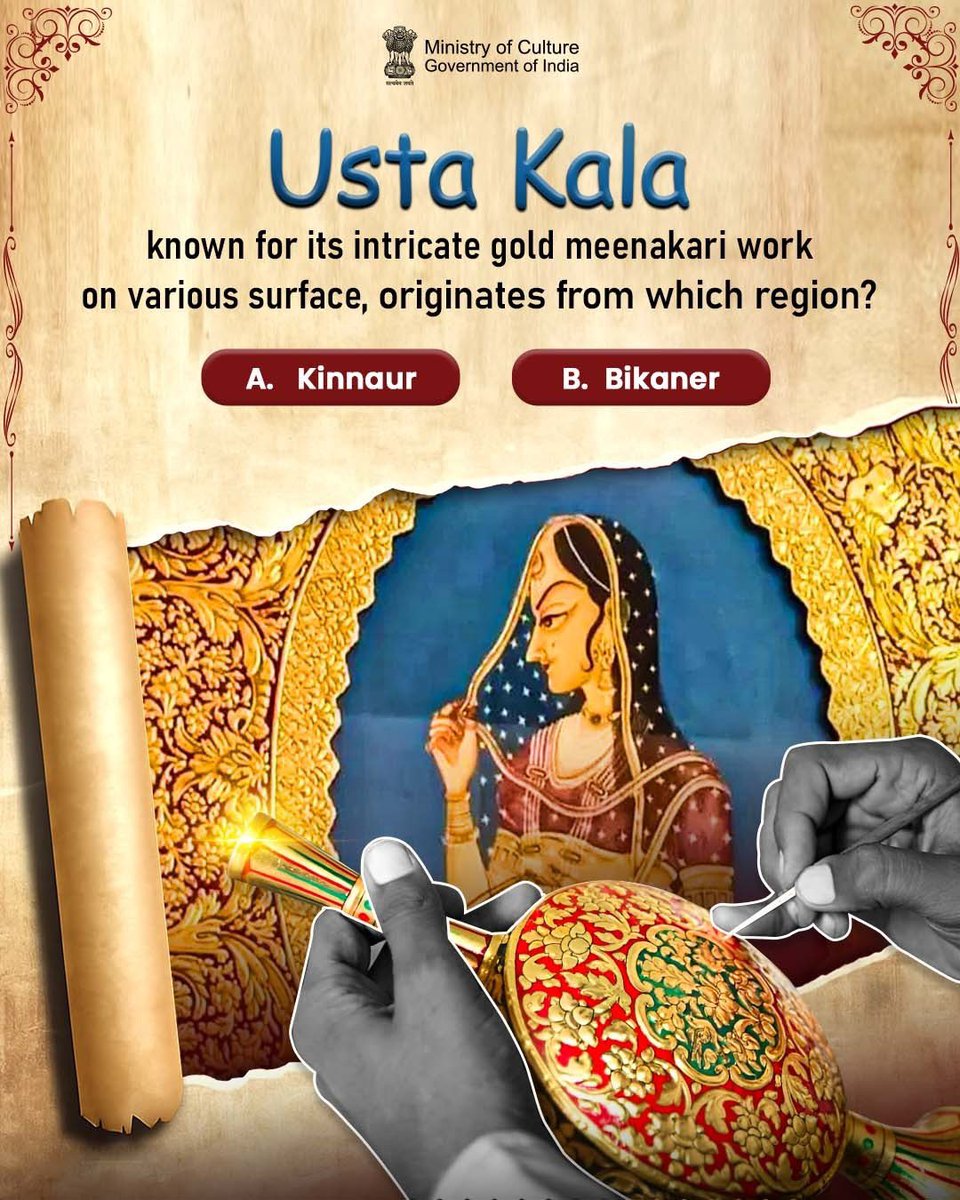 MinOfCultureGoI's tweet image. Do you know the answer? Share it with us in the comment section. Tag your friends & family, and don't forget to keep following us
#JustQuizzing #MyCultureMyPride #CultureUnitesAll