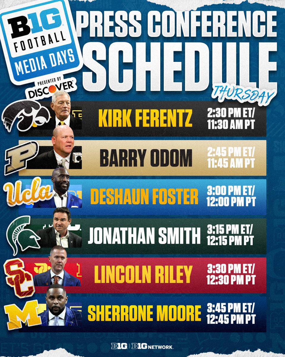 Last Day of B1G Football Media Days 🎆

Watch live on <a href="/BigTenNetwork/">Big Ten Network</a> or get full on-demand replays any time on <a href="/BigTenPlus/">B1G+</a>!

Click here to watch ➡️ bigtenplus.com