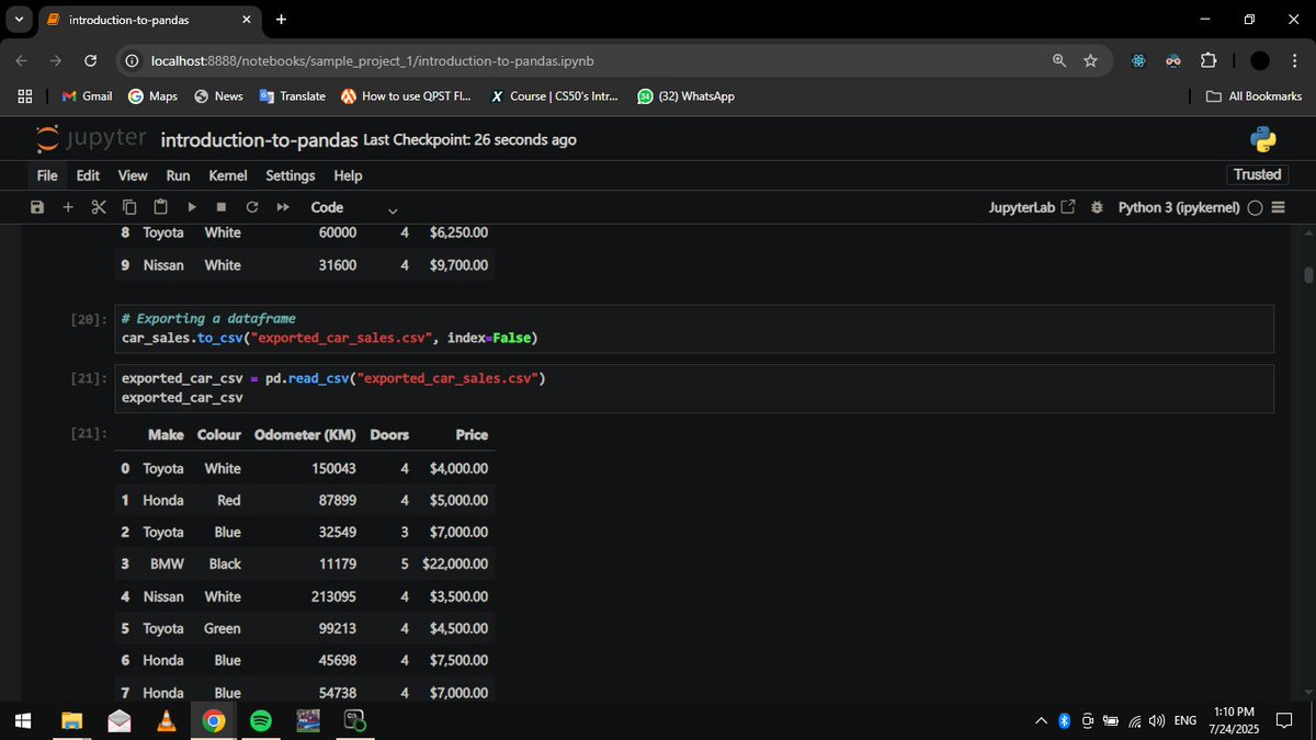 Ala_knows_Code's tweet image. 🧠Day 1 of My ML Journey
Today I started learning #Pandas the foundation of data handling in Python.
✅Explored Series &amp;amp; DataFrames
✅Data indexing, selection &amp;amp; slicing
📓Notebook: github.com/Alan6681/ml-no…
📸Screenshots below 👇
#100DaysOfMLCode #Python #DataScience #LearnInPublic