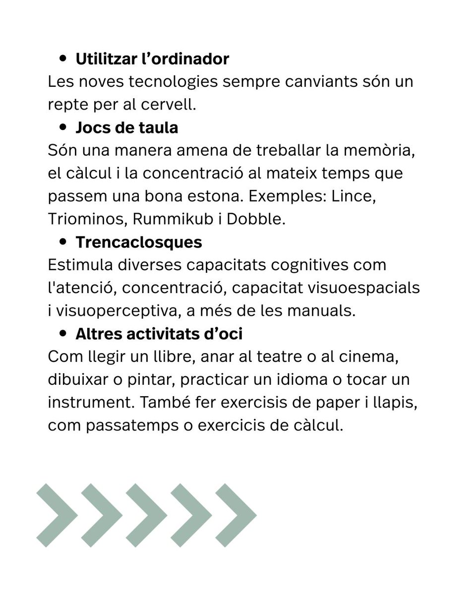 FCLP_Fundacio's tweet image. 🧠 Consells per mantenir la ment activa a l’estiu 🌞
Per a una bona cura de la nostra salut 🩺 es recomana dur una vida activa amb una rutina diària d&apos;activitats variades 💃📚.
En el post trobareu propostes d’exercicis i activitats generals que seria recomanable realitzar ✍️🧩🗣️,…