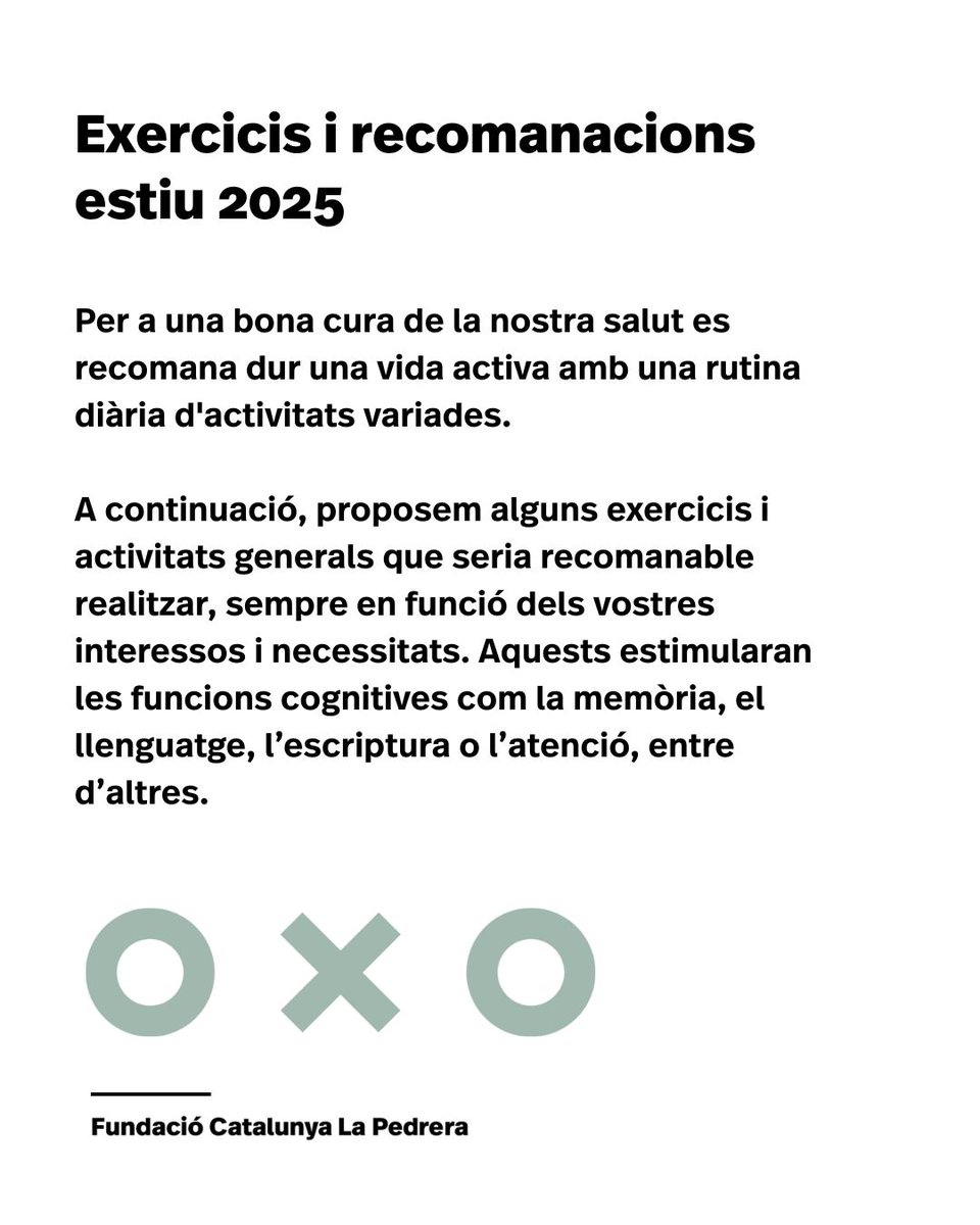 FCLP_Fundacio's tweet image. 🧠 Consells per mantenir la ment activa a l’estiu 🌞
Per a una bona cura de la nostra salut 🩺 es recomana dur una vida activa amb una rutina diària d&apos;activitats variades 💃📚.
En el post trobareu propostes d’exercicis i activitats generals que seria recomanable realitzar ✍️🧩🗣️,…