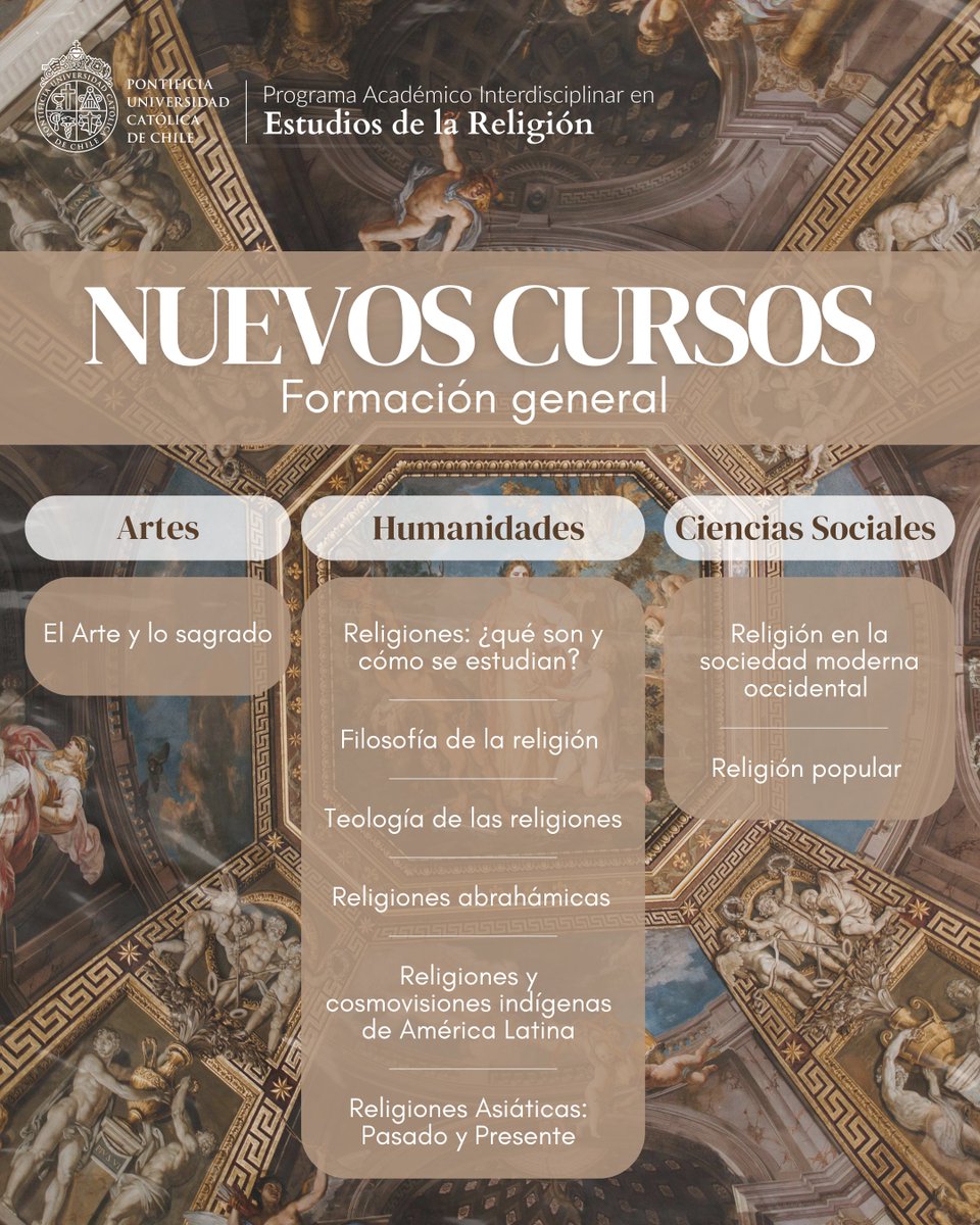 cer_uc's tweet image. 📚 ¡Nuevos cursos de Formación General!
Explora el fenómeno religioso desde el arte, las humanidades y las ciencias sociales.
Abiertos a todas las carreras UC.

🔗 formaciongeneral.uc.cl → Explora los cursos (TER)

#CursosUC #PIER #FormaciónGeneral