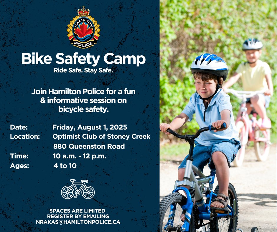 HamiltonPolice's tweet image. 🛞 Stoney Creek Riders!
We’re bringing our Bike Safety Camp to the Optimist Club of Stoney Creek on Friday, August 1!
Ages 4–10 | ⏰ 10 a.m. – 12 p.m.
Sign up today by emailing nrakas@hamiltonpolice.ca
Spaces are limited – don’t miss out!
#bikesafety #hamiltonpolice #hamont…