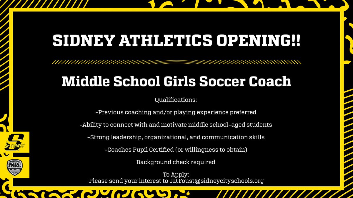 Sidney Athletics (@sidneyjackets) on Twitter photo Exciting Opportunity! Sidney Athletics seeks a Middle School Girls Soccer Coach. If you have the skills to lead and inspire students, we want to hear from you. Email JD.Foust@sidneycityschools.org Exciting Opportunity! Sidney Athletics seeks a Middle School Girls Soccer Coach. If you have the skills to lead and inspire students, we want to hear from you. Email JD.Foust@sidneycityschools.org