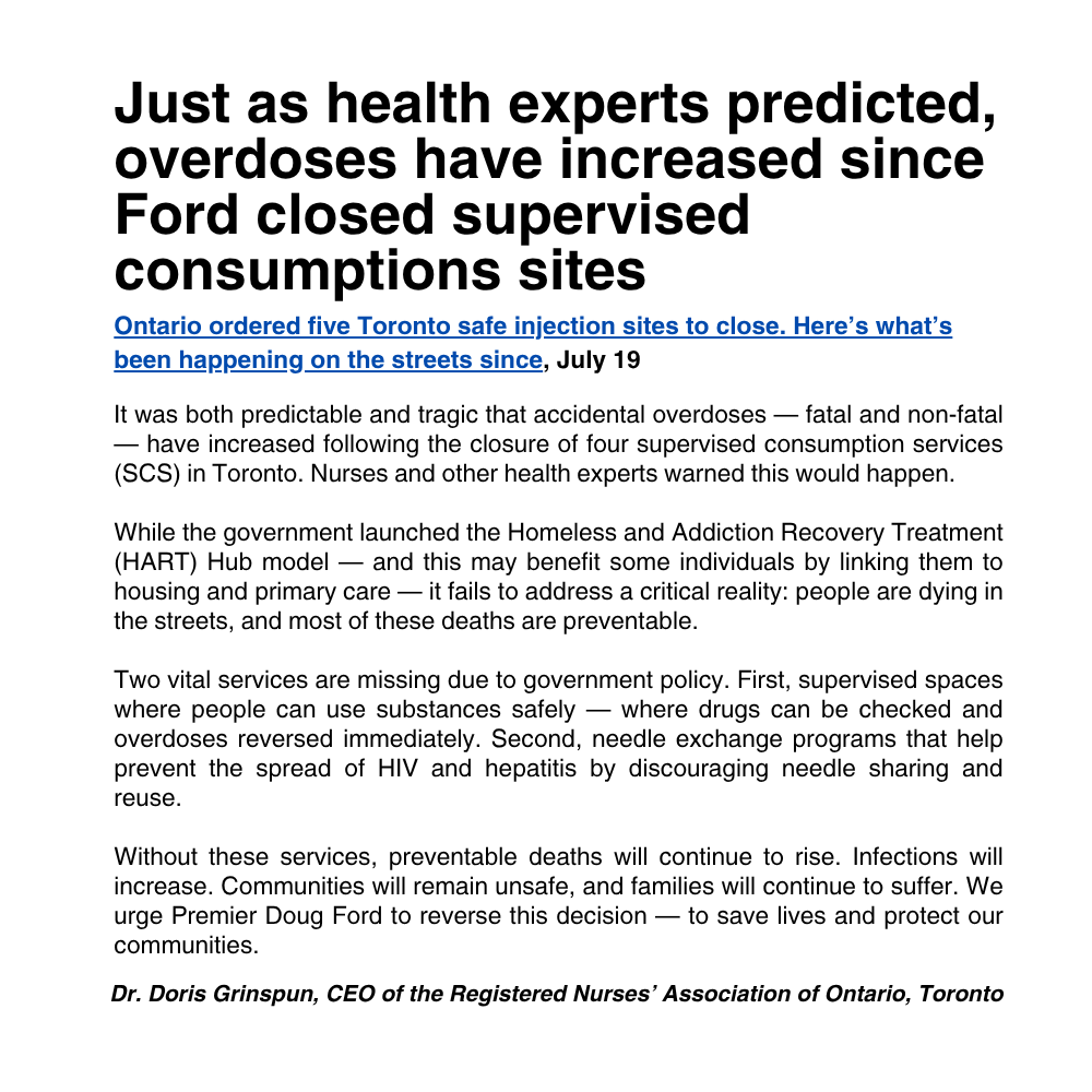 RNAO (@rnao) on Twitter photo RNAO CEO <a href="/DorisGrinspun/">Dr. Doris Grinspun 🇨🇦 RN, PhD, FAAN, O.ONT</a> urges Premier <a href="/fordnation/">Doug Ford</a> to save lives and protect our communities. We need:
1⃣supervised consumption services sites
2⃣needle exchange programs
"Without these services, preventable deaths will continue to rise...Communities will remain unsafe, and RNAO CEO <a href="/DorisGrinspun/">Dr. Doris Grinspun 🇨🇦 RN, PhD, FAAN, O.ONT</a> urges Premier <a href="/fordnation/">Doug Ford</a> to save lives and protect our communities. We need:
1⃣supervised consumption services sites
2⃣needle exchange programs
"Without these services, preventable deaths will continue to rise...Communities will remain unsafe, and