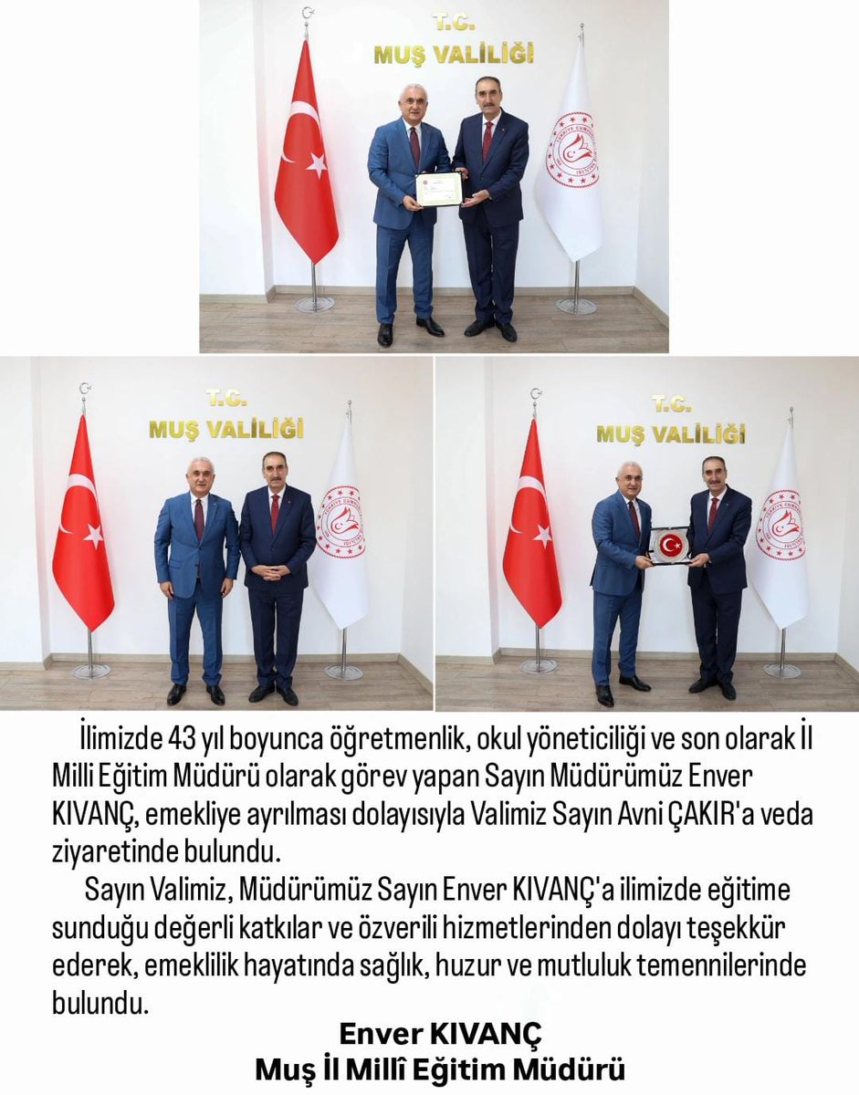İl Millî Eğitim Müdürümüz Sayın Enver KIVANÇ, emekliye ayrılması dolayısıyla Valimiz Sayın Avni ÇAKIR'a veda ziyaretinde bulundu.
<a href="/tcmeb/">Millî Eğitim Bakanlığı</a>
<a href="/Yusuf__Tekin/">Yusuf Tekin</a>
<a href="/TCMusValiligi/">T.C. Muş Valiliği</a>
<a href="/Valiavnicakir/">Avni Çakır</a>
<a href="/BatuhanAlpboga/">Mustafa Batuhan Alpboğa</a>
<a href="/EnverkV/">Enver KIVANÇ</a>