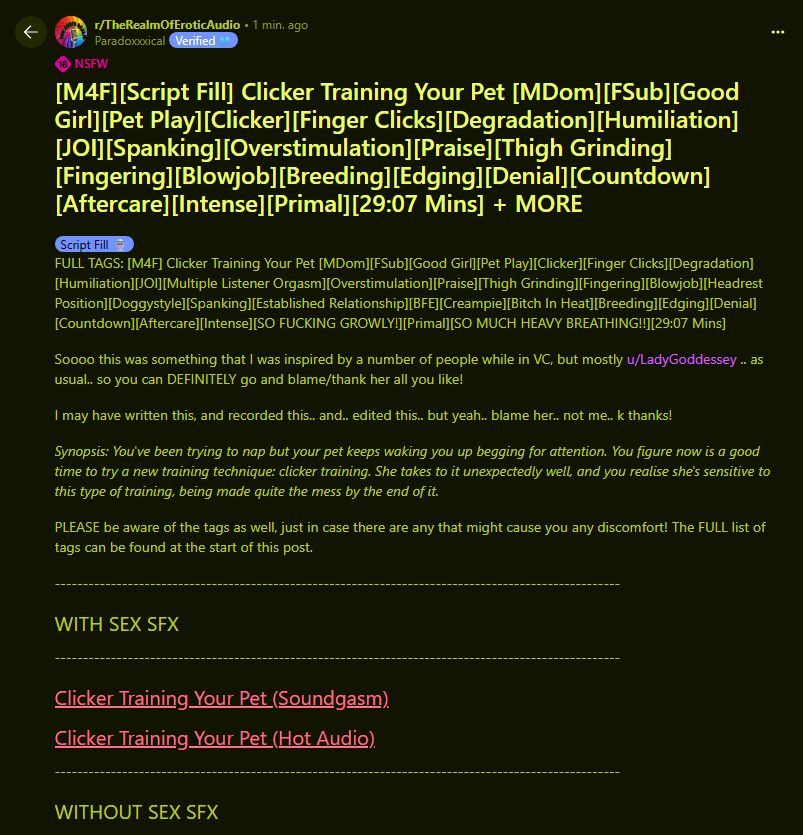 It's here~!.. After a lengthy night of adding newly recorded and edited plaps, finger snaps and clicks.. 

Are you ready to be clicker trained, pet?

reddit.com/r/TheRealmOfEr…