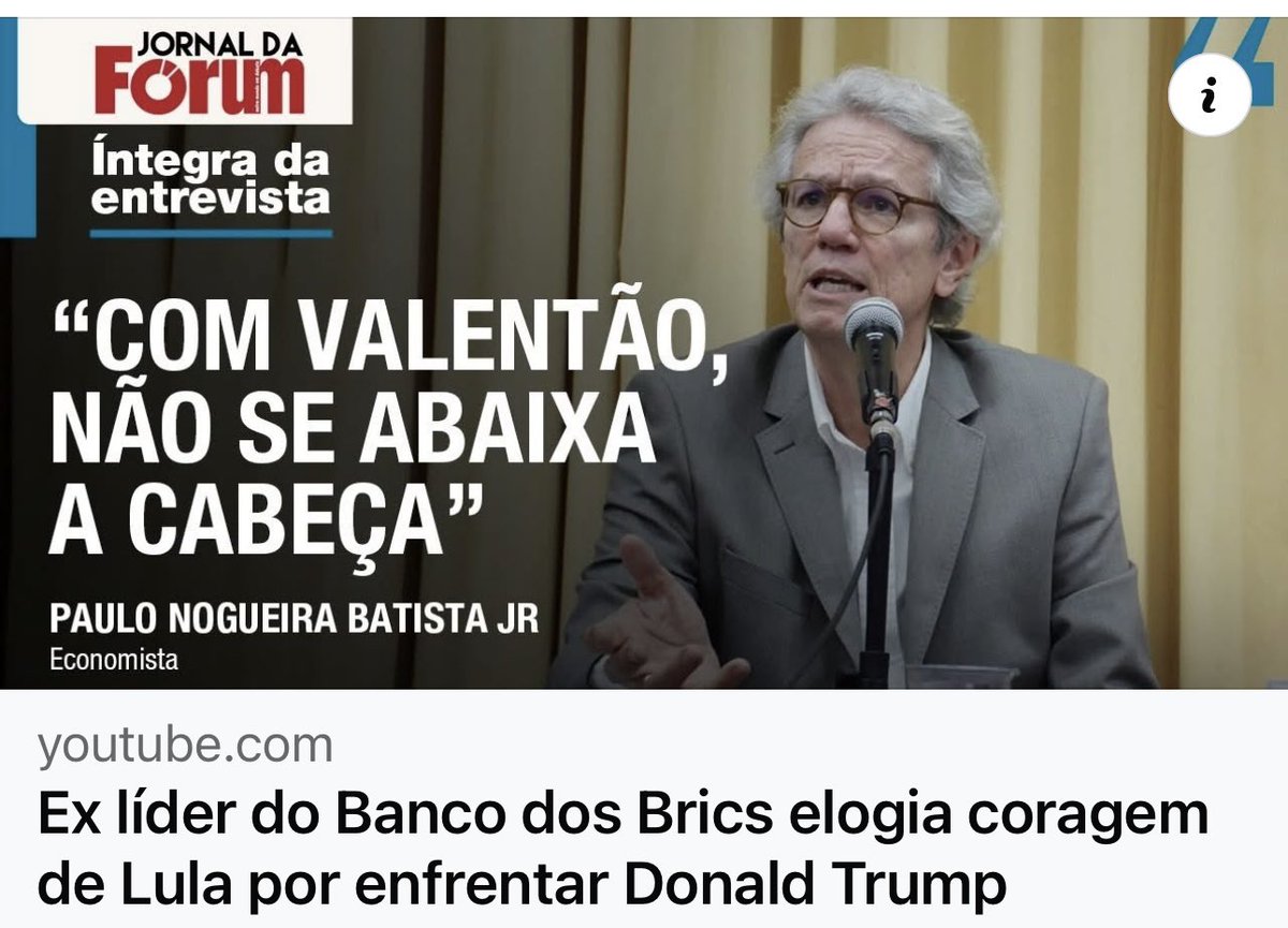 Ex líder do Banco dos Brics elogia coragem de Lula por  enfrentar Donald Trump youtu.be/vkMHWeb444U?si… via <a href="/YouTube/">YouTube</a>
#Trump #Lula #Tariffs #Brics