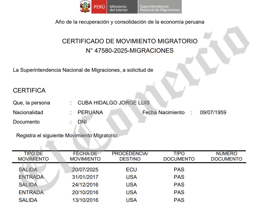 nekroRP's tweet image. #LOÚLTIMO Certificado migratorio confirma que Jorge Cuba, exviceministro del gobierno aprista, salió del Perú el 20 de julio, días antes de la lectura de su sentencia por caso de presuntas coimas de Odebrecht por el Metro de Lima, que se desarolla en estos momentos @Politica_ECpe