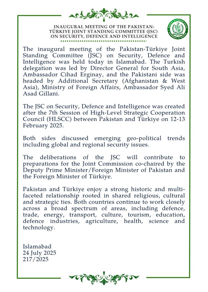ForeignOfficePk's tweet image. 🔊PR NO.2️⃣1️⃣7️⃣/2️⃣0️⃣2️⃣5️⃣
Inaugural Meeting of the Pakistan-Türkiye Joint Standing Committee (JSC) on Security, Defence and Intelligence.
🔗⬇️
mofa.gov.pk/press-releases…