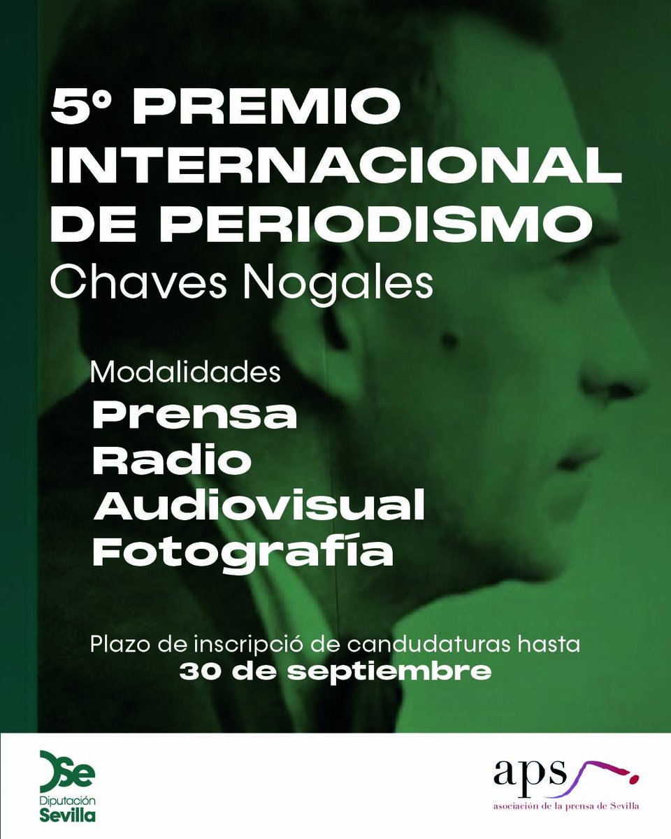 📰 Junto con <a href="/aprensasevilla/">Asoc. Prensa Sevilla</a>, convocamos el V Premio Internacional de Periodismo ‘Manuel Chaves Nogales’, con cuatro categorías dotadas con 6.000€ cada una.

📅 El plazo para presentar trabajos está abierto hasta el 30 de septiembre.