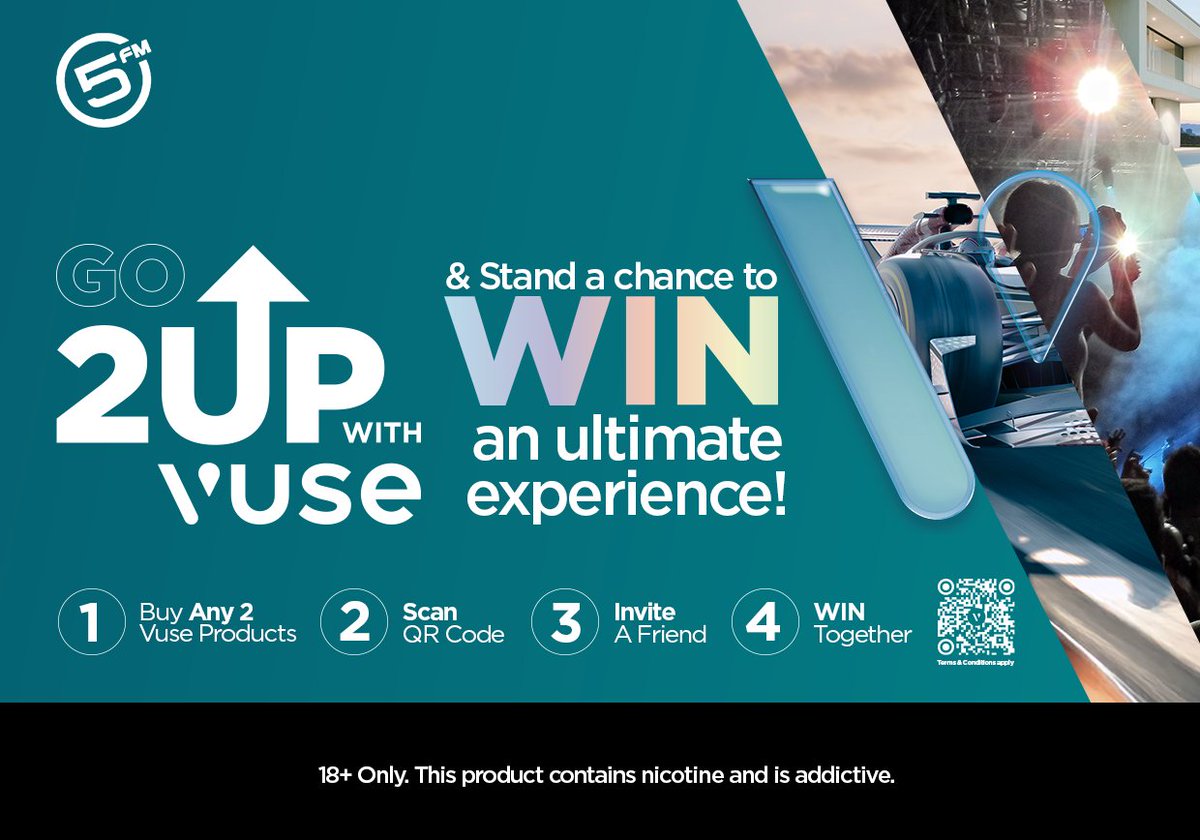 5FM's tweet image. Go 2Up with Vuse & stand to WIN big! 💸
Register at vuse2up.co.za, then tune into Cinimin Saturdays, 5–7pm on 5FM.
Guess the Power Duo live on air and you could win R5,000 cash + go into the draw for the ultimate experience:
🏎️ F1, 🎶 Tomorrowland or 🏝️ a luxury villa…