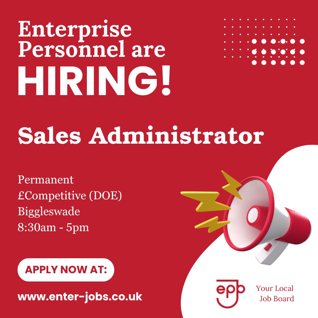EnterJobs's tweet image. Enterprise Personnel&apos;s client is looking for a Sales Administrator in Biggleswade.
Apply now via our website! 

#salesadmin #salesadministrator #sales #administration #Administrator #administratorjobs #adminjobs #customerservicejobs #biggleswade #bedfordshire