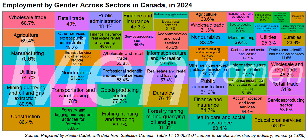 Article: Canada’s Gender Gap in Employment. 
There is a gender gap in Canadian employment, with men holding the majority of jobs across most industries. raulincadet.com/article/canada… 
#Canada #GenderGap #Employment #DataAnalysis #EconTwitter #WomenInWork