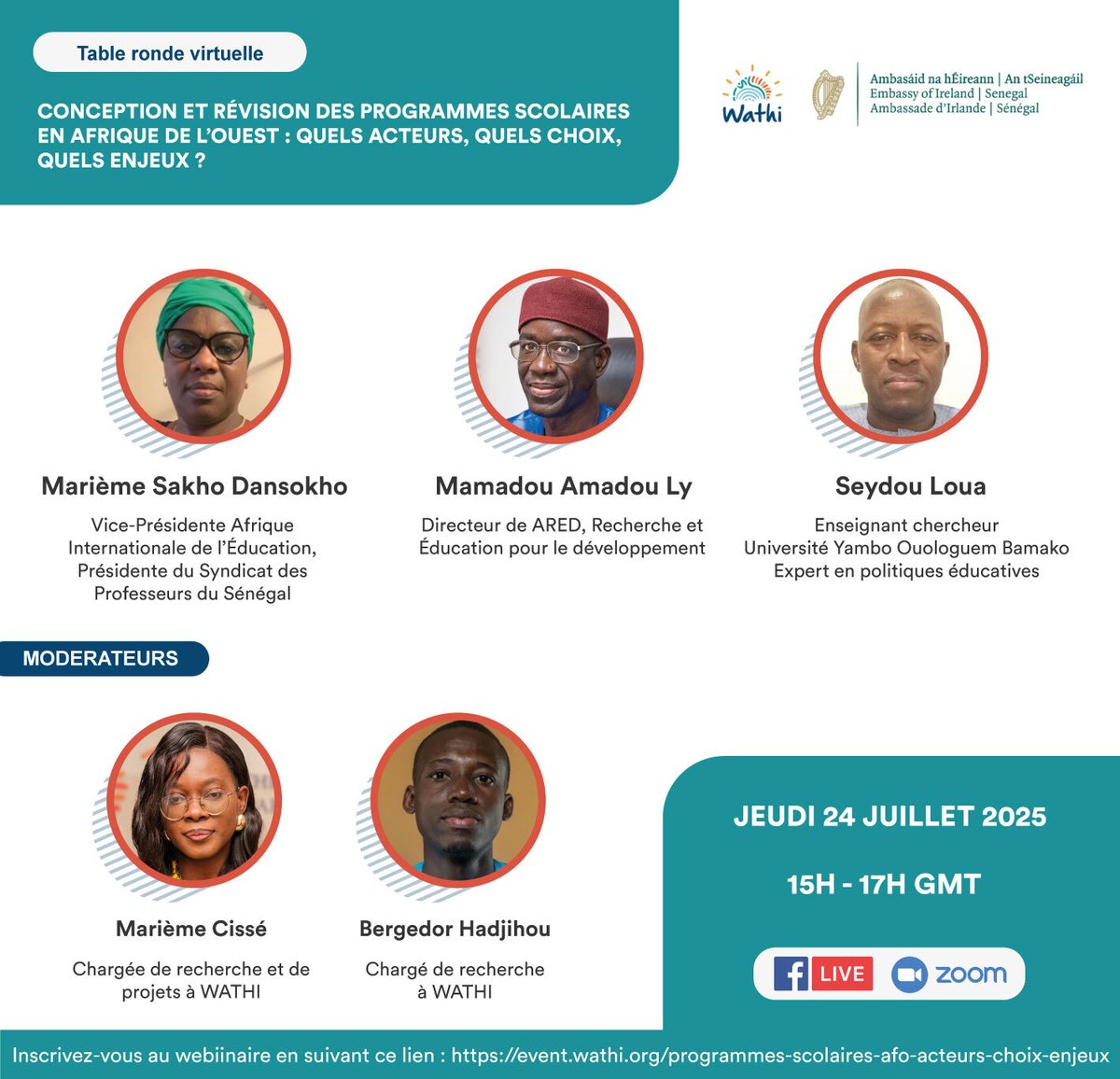 ⏳ Plus que quelques minutes !
Rejoignez-nous aujourd’hui, 24 juillet (15h – 17h GMT) pour une table ronde virtuelle sur :
"Quels savoirs pour quelles sociétés ?"

Un échange sur la conception et la révision des programmes scolaires avec Mamadou Amadou Ly, Marième Sakho Dansokho