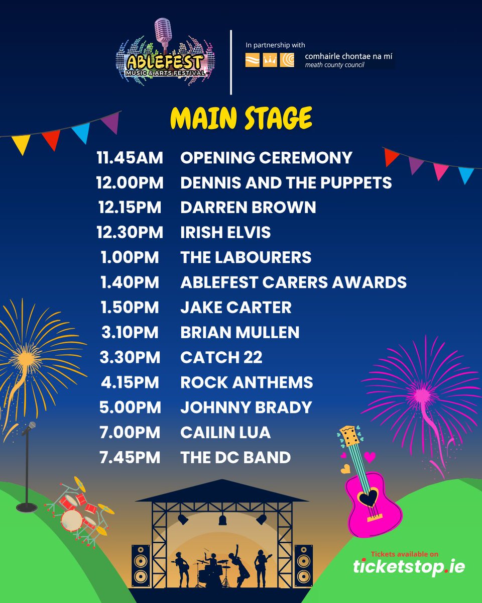 meathcoco's tweet image. Ablefest 2025 Main Stage Schedule Announced!
We're less than 48 hours away from Ablefest 2025, Ireland's largest inclusive Music and Arts Festival for people with additional needs, at Fairyhouse Racecourse this Saturday!
Tickets are still available here:…