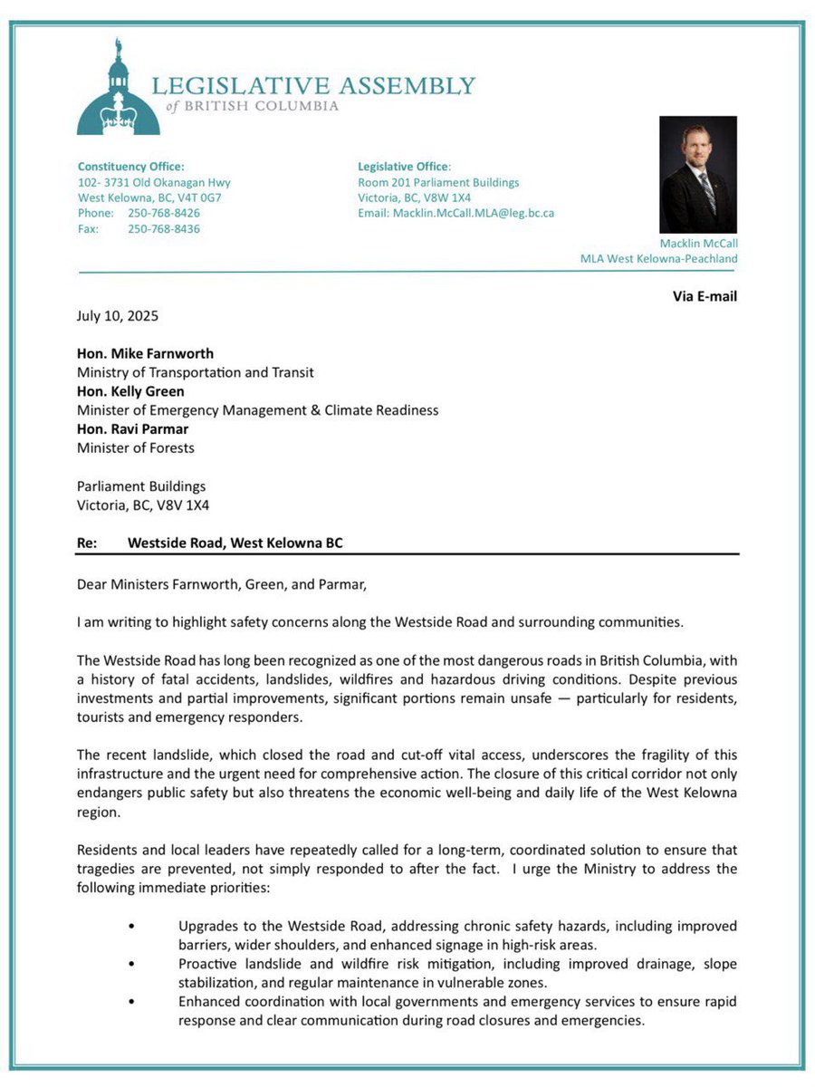 mack4change's tweet image. Last night, Westside Rd was damaged, again.
Travellers on this important secondary route continue to be at significant risk.
I sent a letter to ministers @KellyRichmondBC @rparmar_BC @mikefarnworthbc on July 10th calling for immediate action by the BC government, to stop…
