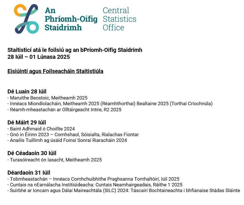 Staitisticí atá le foilsiú ag an bPríomh-Oifig Staidrimh
28 Iúil – 01 Lúnasa 2025

Féilire Eisiúna: cso.ie/en/csolatestne…   [Leathanach i mBéarla]

#POStaidrimh #Éire