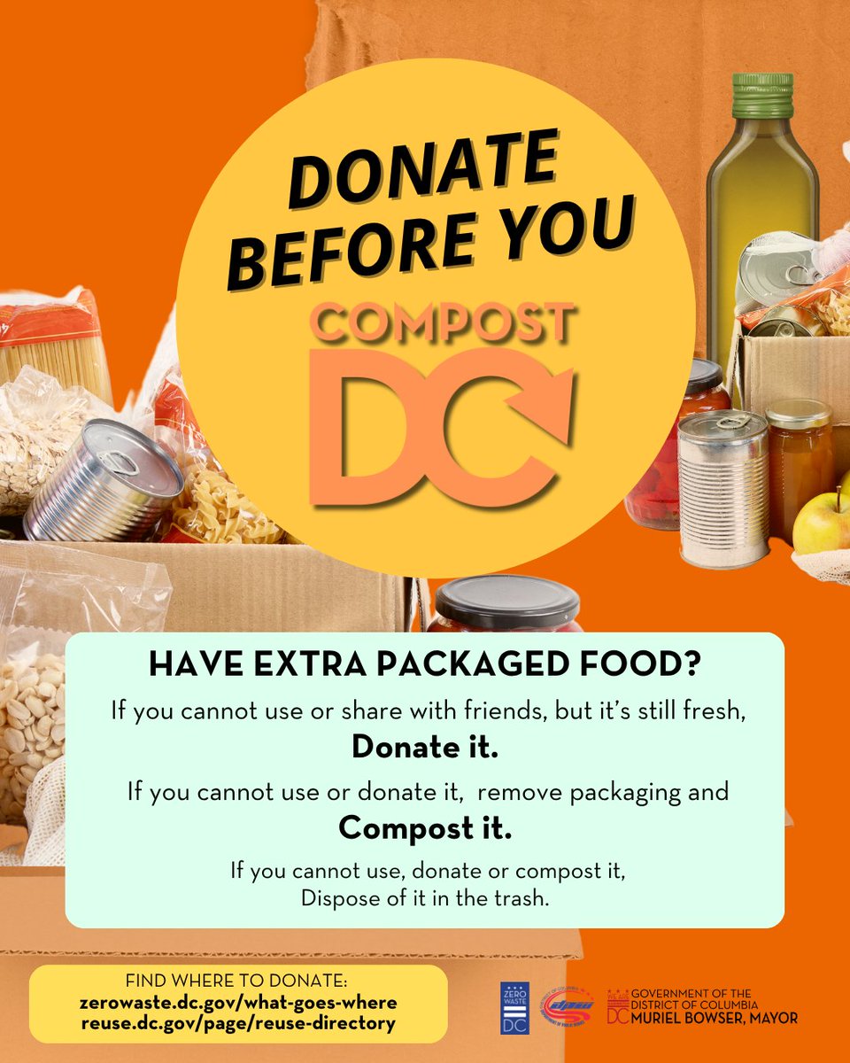 ZeroWasteDC (@dczerowaste) on Twitter photo Donate before your compost, DC!
Not because we don't want you to compost, but because preventing food waste takes priority.
Have extra food? Find your donation options:
- <a href="/DOEE_DC/">Department of Energy & Environment</a> Reuse Directory: reuse.dc.gov/page/reuse-dir…
- <a href="/DCDPW/">DC Department of Public Works</a> What Goes Where tool: zerowaste.dc.gov/what-goes-where Donate before your compost, DC!
Not because we don't want you to compost, but because preventing food waste takes priority.
Have extra food? Find your donation options:
- <a href="/DOEE_DC/">Department of Energy & Environment</a> Reuse Directory: reuse.dc.gov/page/reuse-dir…
- <a href="/DCDPW/">DC Department of Public Works</a> What Goes Where tool: zerowaste.dc.gov/what-goes-where
