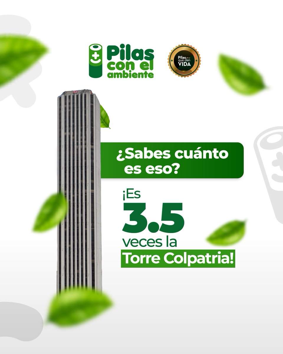 🔋 ¡Juntos hemos recolectado y gestionado 4.600 toneladas de pilas usadas desde el 2011!
Eso equivale a ¡3.5 veces la Torre Colpatria! 🏙️💚

Gracias por ser parte de esta red que protege el planeta, una pila a la vez.
📍 Sigue entregando las tuyas en pilascolombia.com/puntos