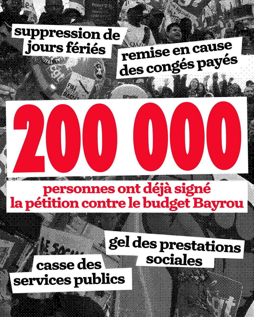 200 000 signatures en 48h, on continue la mobilisation contre le budget Bayrou d'une brutalité sans précédent ! 

Je signe et je fais signer : change.org/BudgetBayrou