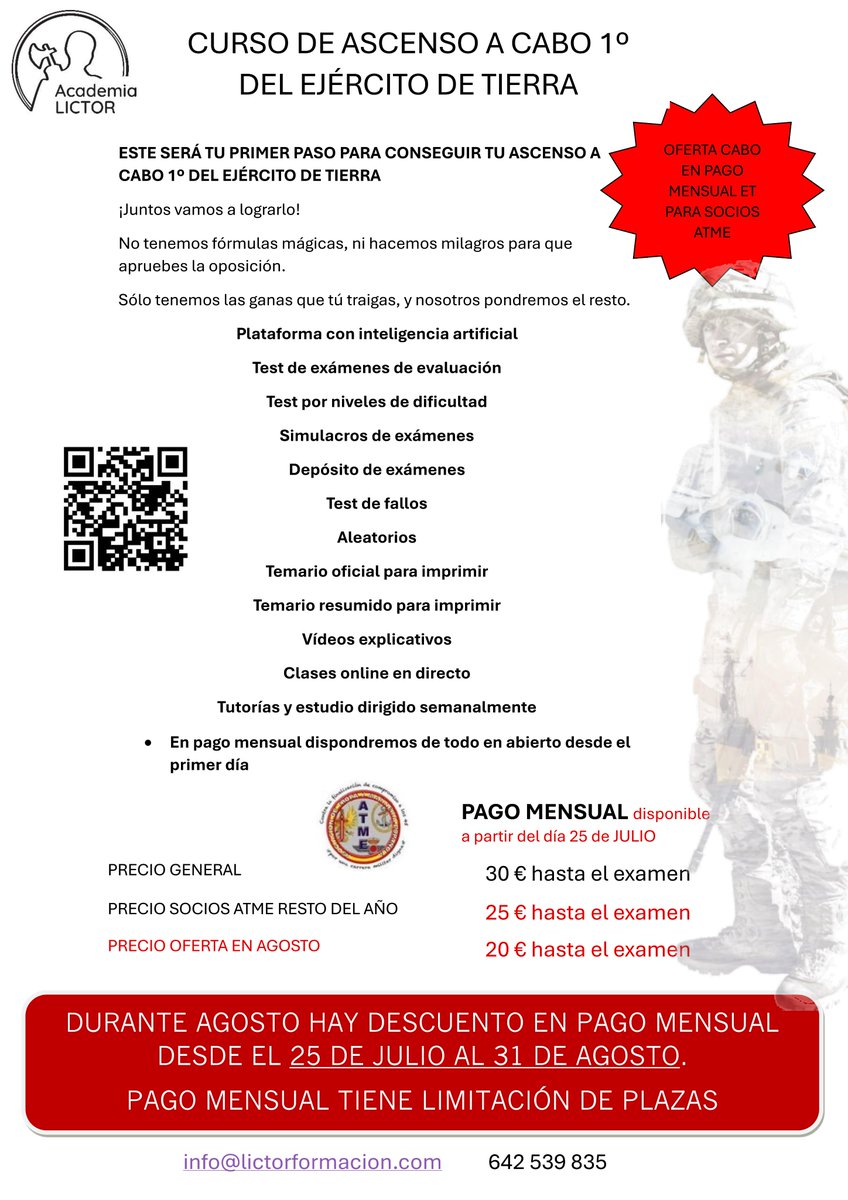 _ATME's tweet image. Oferta de @LictorF para socios de @_ATME en relación a la preparación de la próxima convocatoria de ascenso a cabo 1º del @EjercitoTierra .
#ATMEactua #FAS