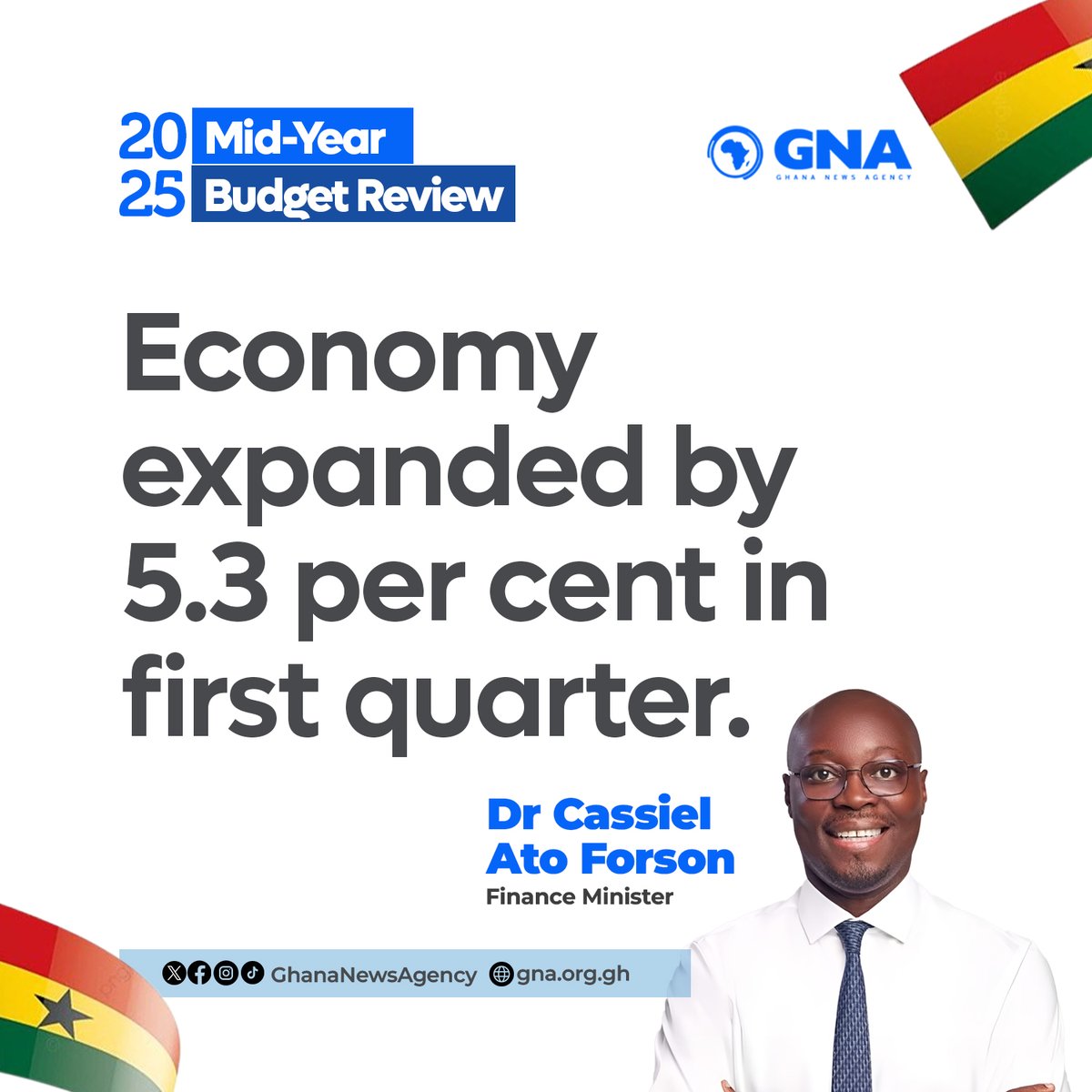2025 Mid-Year Budget Review: Economy expanded by 5.3 per cent in first quarter—Dr Cassiel Ato Forson, Finance Minister 

#GhanaNewsAgency #GNA #MidYearBudgetReview  Ato Forson