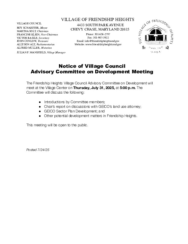 The Advisory Committee on Development will meet at the Village Center on Thursday, July 31, 2025, at 5:00 p.m. Please refer to the attached public notice for additional information.