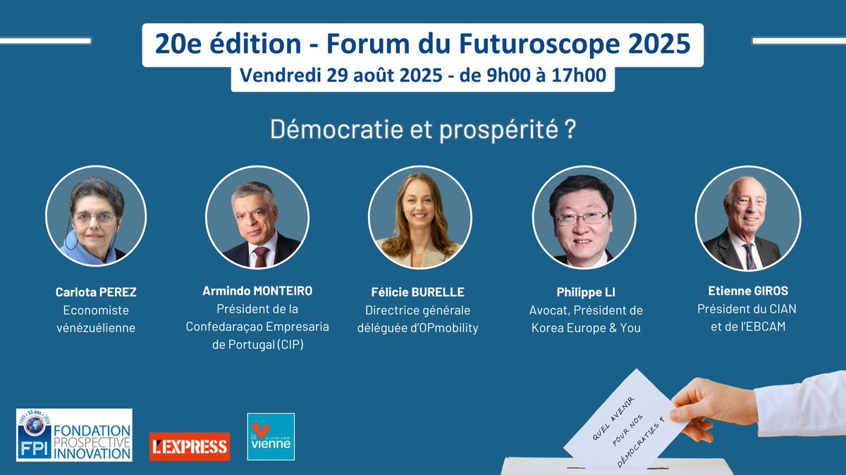 Fondation Prospective & Innovation (@fondationfpi) on Twitter photo 🎯20e Forum du Futuroscope – RDV géopolitique de la rentrée !
🎙️1e table-ronde : " Démocratie et prospérité ? " animée par <a href="/jpraffarin/">Jean-Pierre Raffarin</a>
Les intervenants confronteront leurs visions sur le lien entre démocratie et prospérité.
📌Inscription obligatoire : urls.fr/8o9mu8 🎯20e Forum du Futuroscope – RDV géopolitique de la rentrée !
🎙️1e table-ronde : " Démocratie et prospérité ? " animée par <a href="/jpraffarin/">Jean-Pierre Raffarin</a>
Les intervenants confronteront leurs visions sur le lien entre démocratie et prospérité.
📌Inscription obligatoire : urls.fr/8o9mu8
