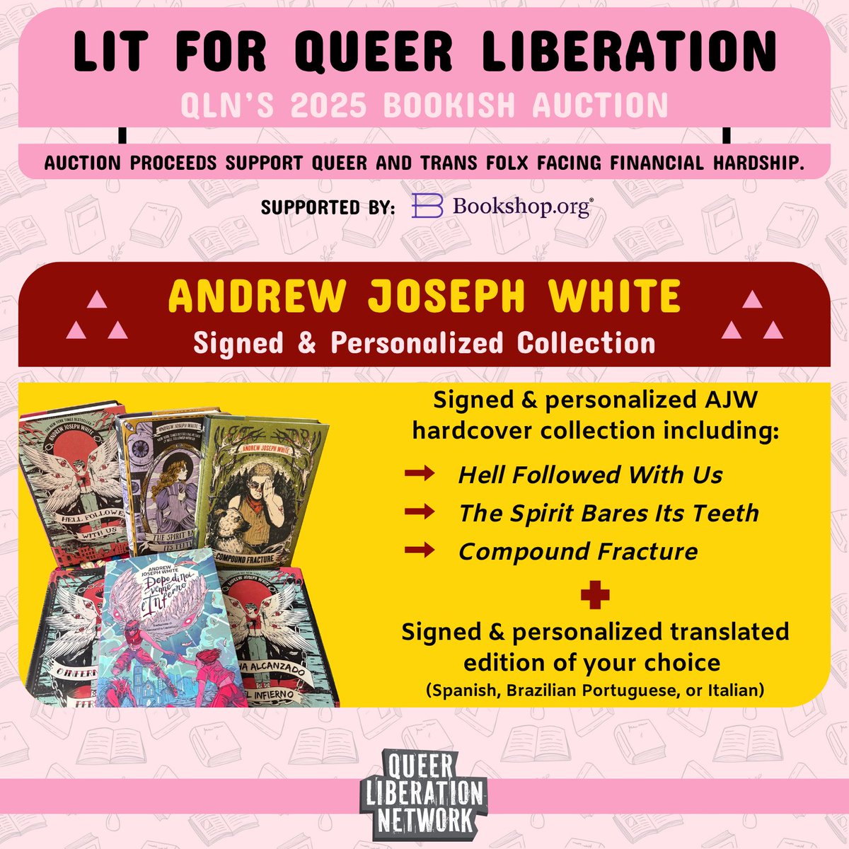 The Lit for Queer Liberation auction—supporting an org that helps queer &amp; trans people in TX and beyond—runs from TODAY (July 24) to July 31… and I have a package up for grabs!

If you’re in the US &amp; want a signed bundle of all my YA books, plus some extras, give this a look!